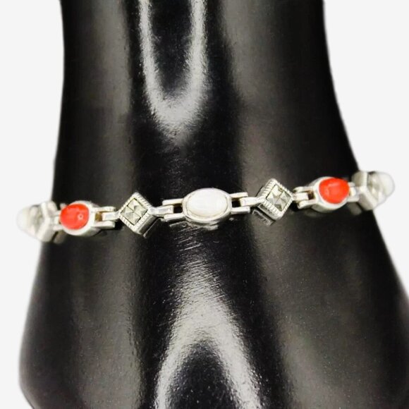 Vintage Multi Mother Of Pearl Marcasite Sterling Silver Bracelet 925 Sterling Silver Mother of Pearl Marcasite Multi Stone Link Vintage Bracelet